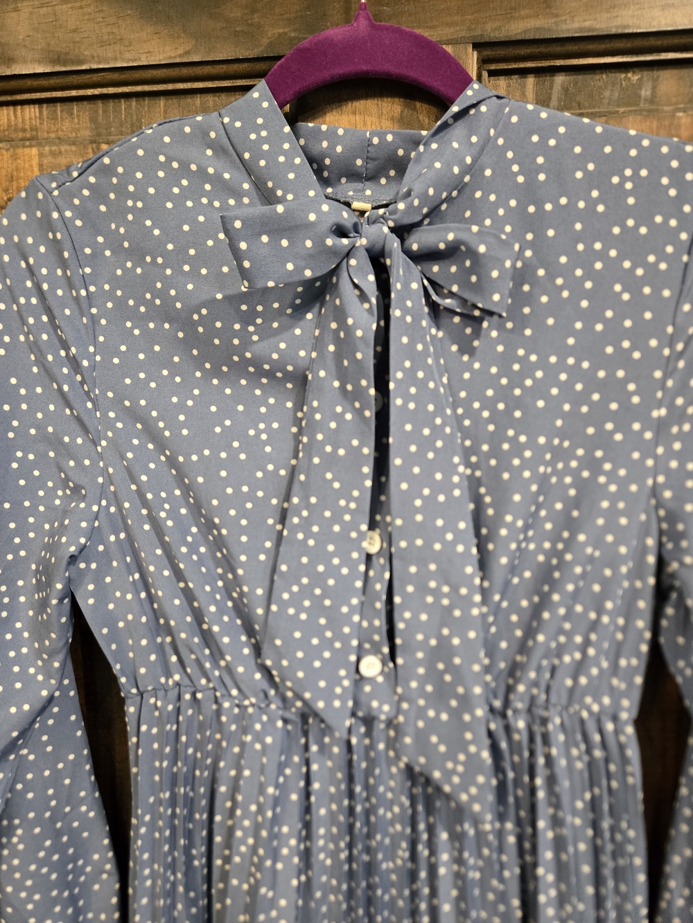 Blue Polka Dot Tie-Neck Long Sleeve Dress - Picture 2 of 2
